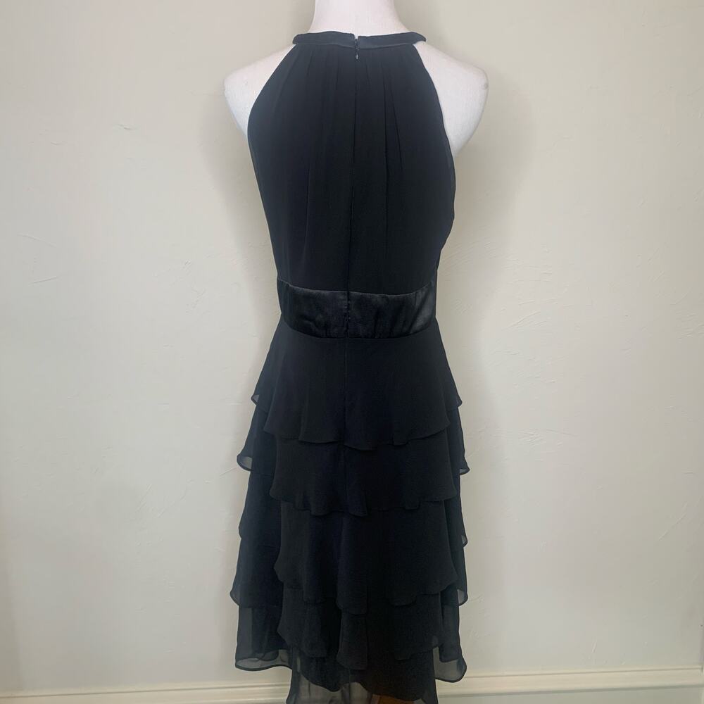 Evan Picone Black High Neck A Line Dress Tiered Ruffles Sz 10